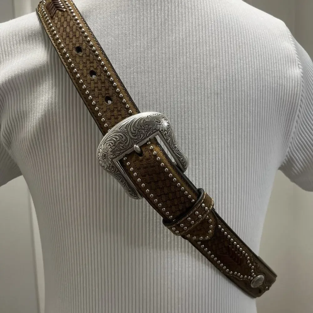 Nocona Mens Brown Ostrich Leather Studded Western Belt Sz 40 N2491844 EUC